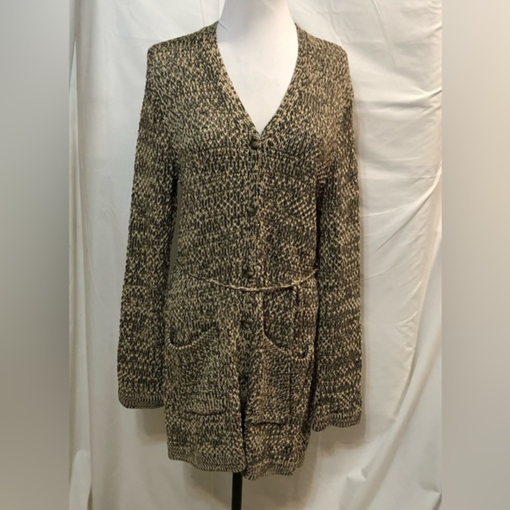 Jones New York Green & Tan Long Button Up Swearer